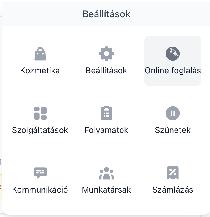 Beállítások menüpont - Online foglalás kiválasztva kép